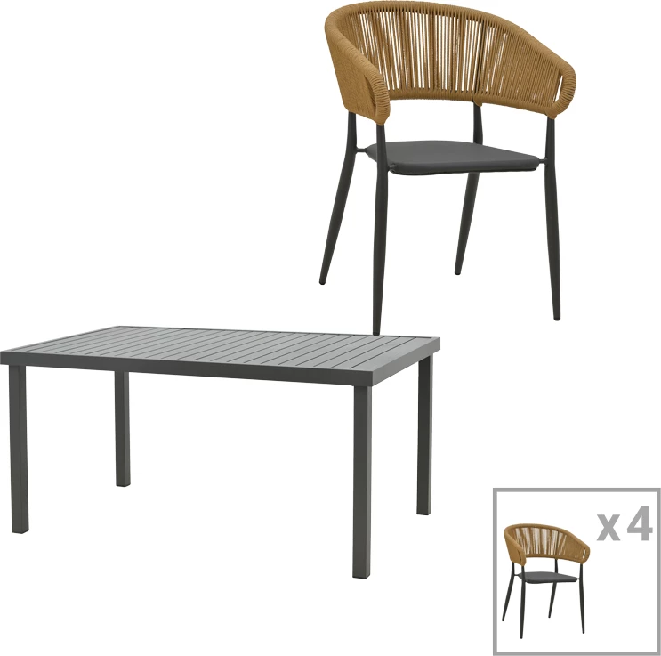 Tavolinë me karrige për terasë Raven-Kliton A, alumin, ngjyrë antracit-natyrale, set prej 5 copësh, 150x80x74cm