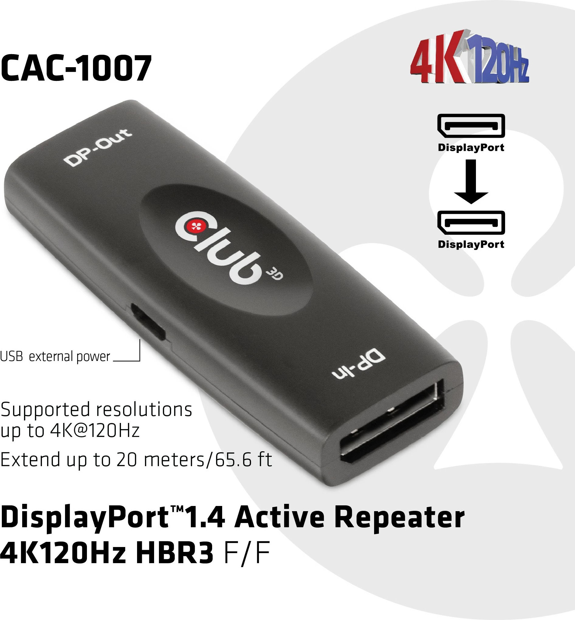 Përsëritës DisplayPort Club3D 1.4, aktiv, Bu/Bu, i zi
