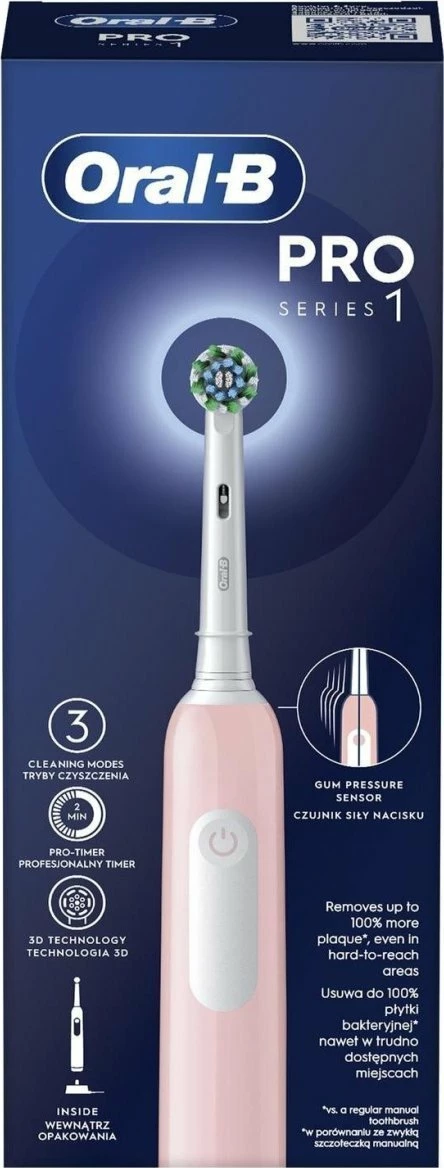 Furçë dhëmbësh elektrike Oral-B Pro Series 1 CrossAction, 3 mënyra, me sensor presioni, bateri e rikarikueshme, 1 kokë, rozë