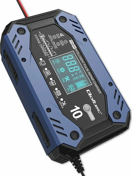 Karikues inteligjent baterie Qoltec 12/24V, LCD, 9-faza, LiFePO4/AGM/GEL/STD, blu