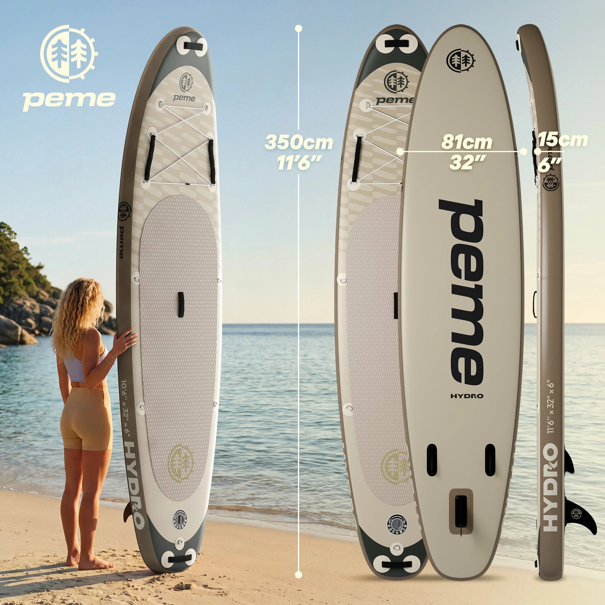 Dërrasë SUP me fryrje Peme Hydro 350 350x81x15 cm, Allround, deri 166 kg, set me lopatë/pompë/çantë, bezhë