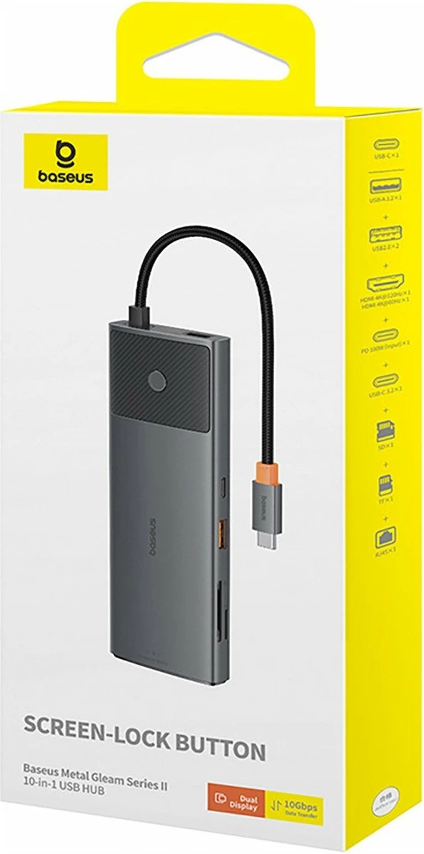 Hub USB-C Baseus Metal Gleam II 10n1, 2x HDMI 4K, RJ45, SD/TF, PD 100W, gri
