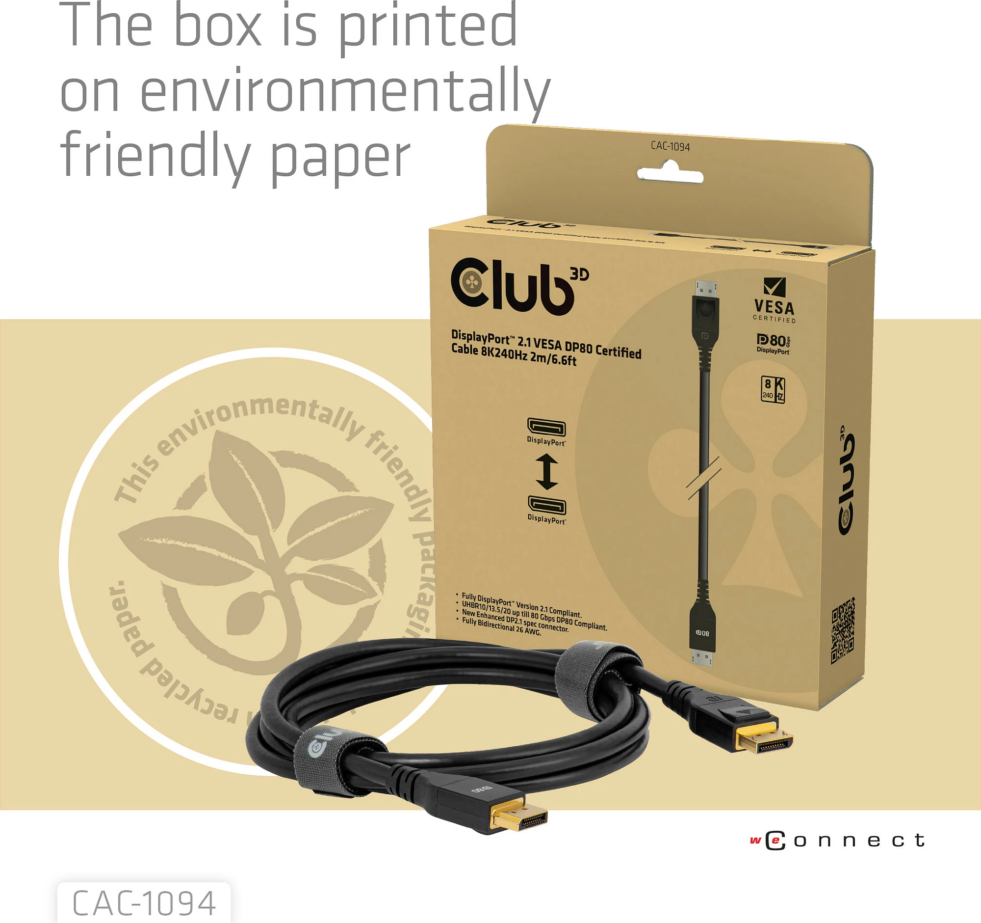Kabllo DisplayPort Club 3D CAC-1094, DP 2.1 DP80, 2m, 8K 240Hz, e zezë