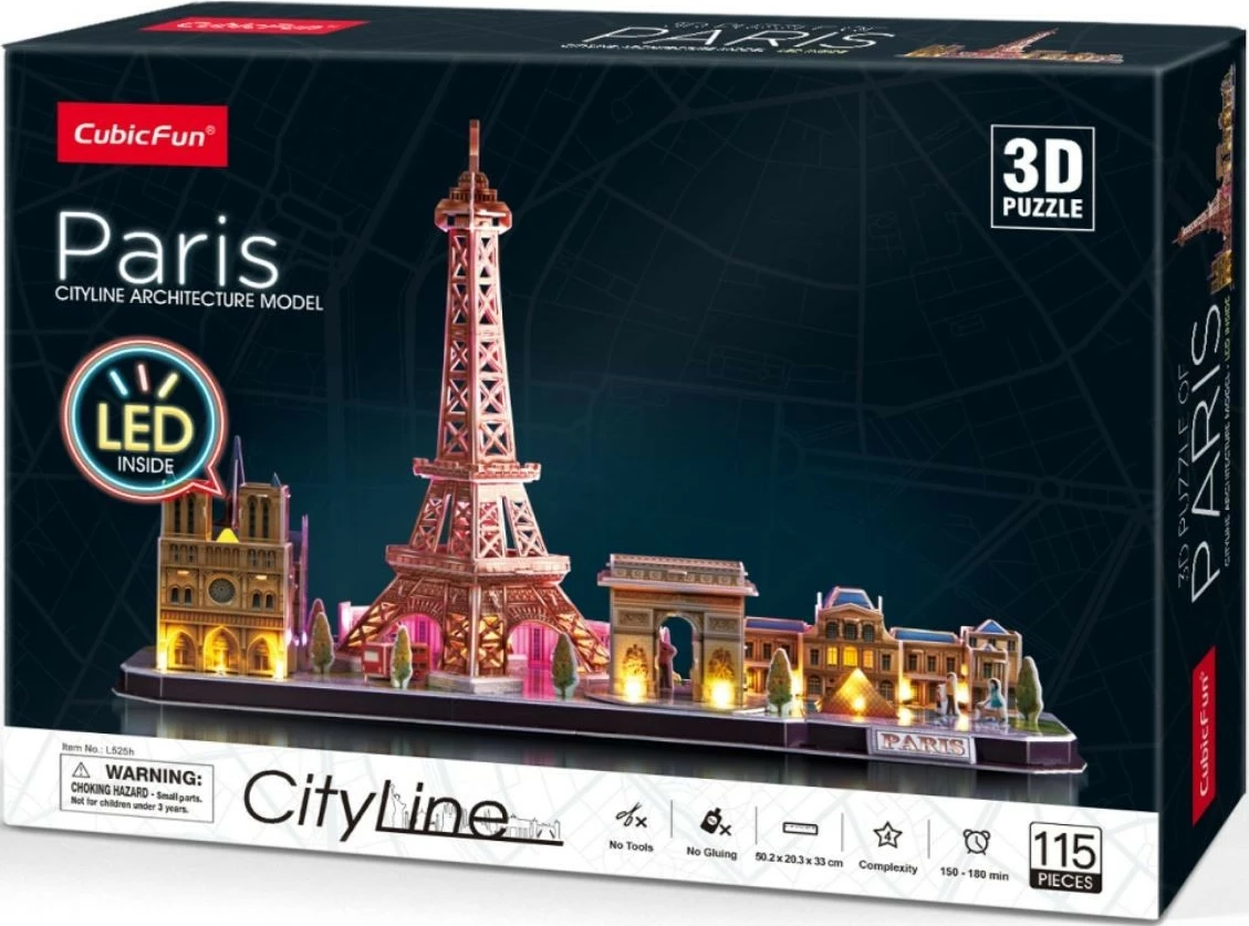 Puzzle 3D Cubic Fun City Line Paris me LED, 115 pjesë