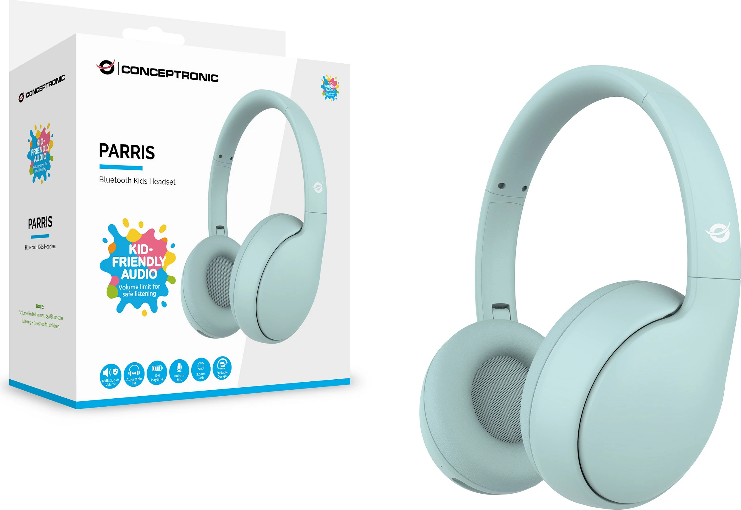 Kufje Conceptronic PARRIS04B, Bluetooth + 3.5mm, për fëmijë, volum 85 dB, blu e çelët