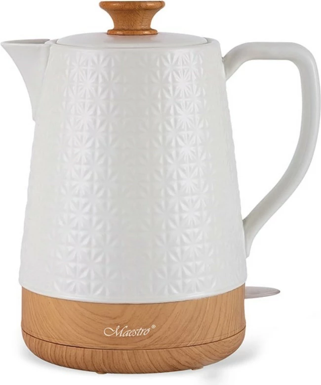 Çajnik elektrik Feel-Maestro MR-076, 1.8L, 1800W, qeramikë, bambu, Bardhë