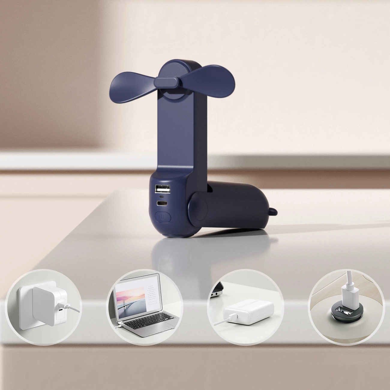 Ventilator dore Jisulife Life8 2000mAh 3-në-1 (ventilator + llambë LED + power bank) USB-C, blu, set 4 pjesë 6