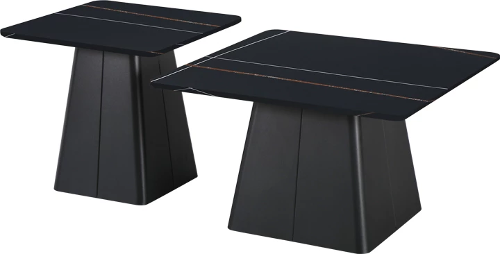 Set tavolina për sallon, metal dhe gur sintetik, ngjyrë mermeri i zi, 2 copë