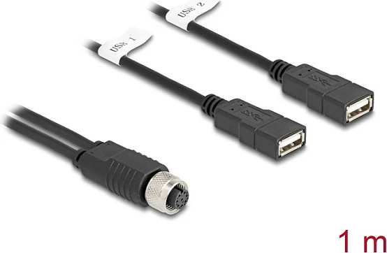 Kabllo adapter DeLOCK 60290, M12 në 2x USB-A (Femër/Femër), 1m, e zezë