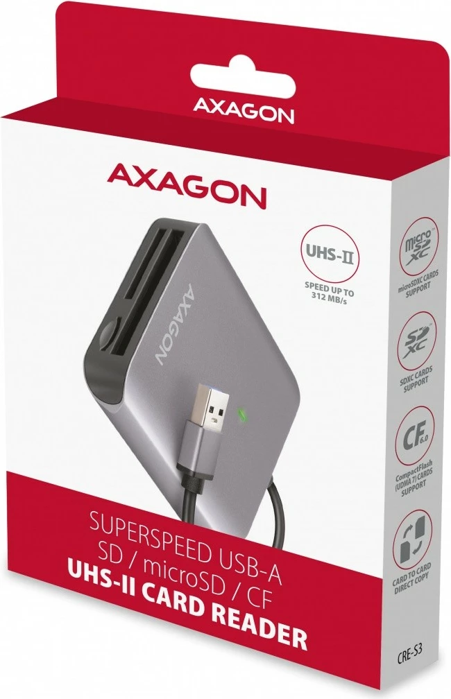 Lexues kartelash AXAGON CRE-S3, USB-A, 3 slote, USB 3.2 Gen 1, Gri