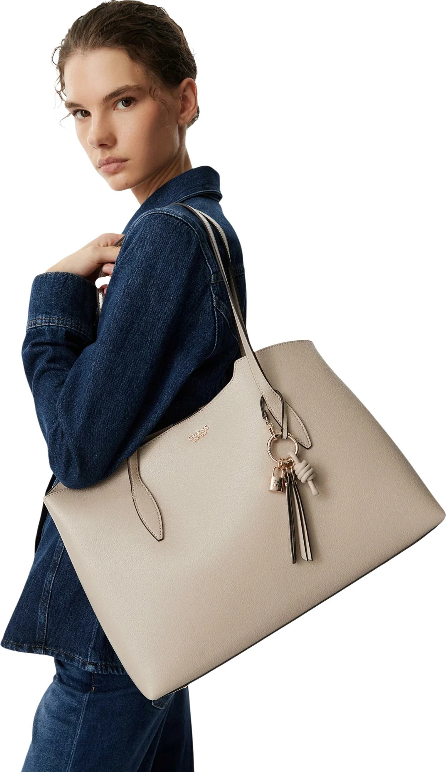 Çantë shopper Guess Lucci Girlfriend Sat HWBG97 35230 për femra, e artë
