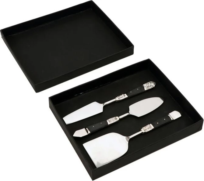 Set për servim djathi Royal, 3 copë, çelik, dorezë rrëshine e zezë, 17x5x1 cm