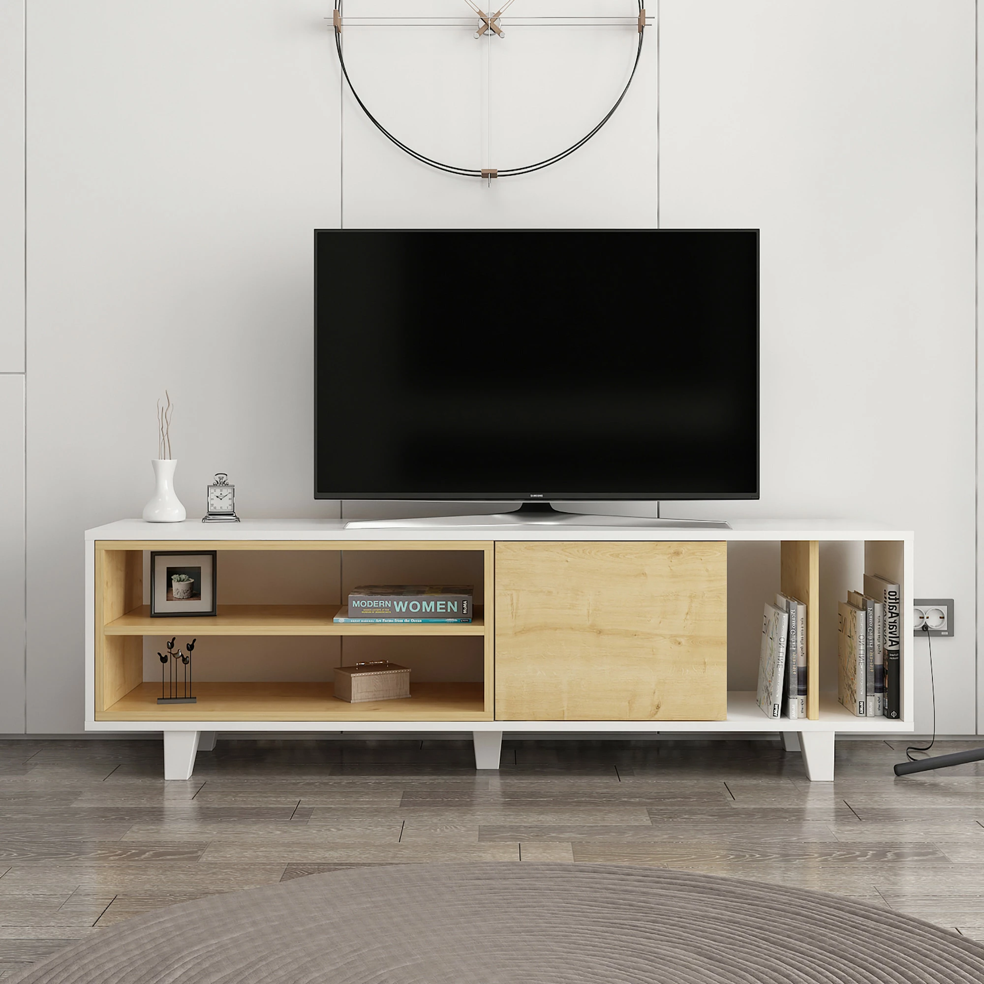 Komodë TV Skye Decor, ngjyrë e bardhë dhe lis, Rosmar