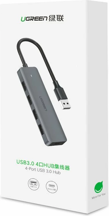 Kasë USB HUB Ugreen CM219 50985, 4x USB 3.2 Gen 1, me port micro USB për rrymë, Gri