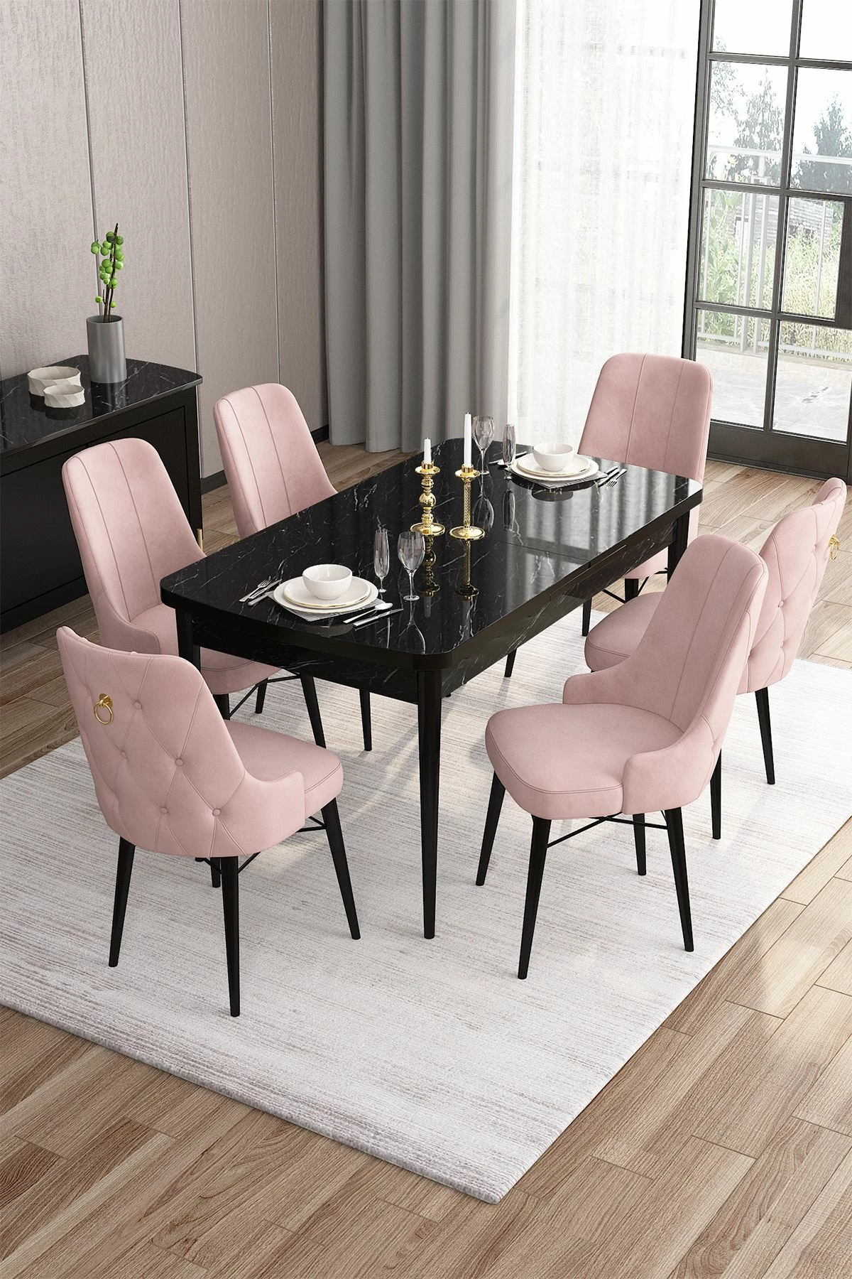 Tavolinë me karrige, zgjatshme, 7 copë, Skye Decor, sipërfaqe mermeri të zi, karrige rozë
