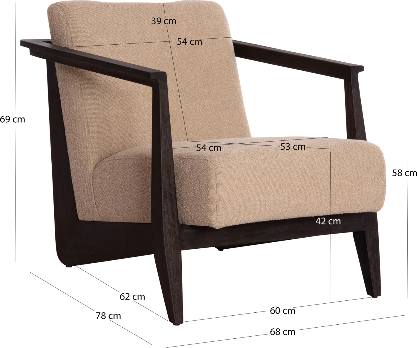 Fotelje Cynthia, dru mahogany i zi, jastëk krem, 65x75x60Hcm