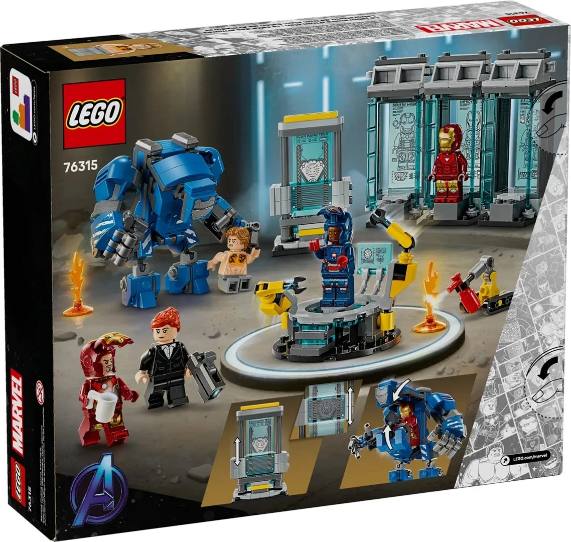 Set lodrash LEGO Marvel 76315 Iron Man’s Laboratory: Hall of Armor, 5 minifigura