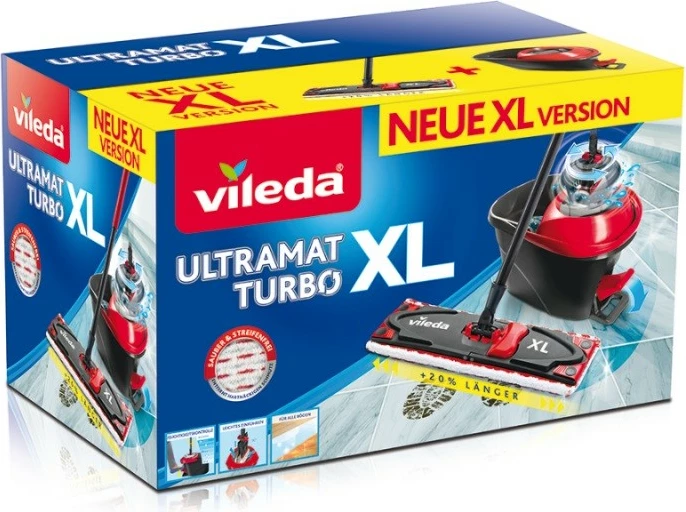 Mop i sheshtë Vileda Ultramat Turbo XL 161023, me kovë, 42 cm, Kuq e zi, set