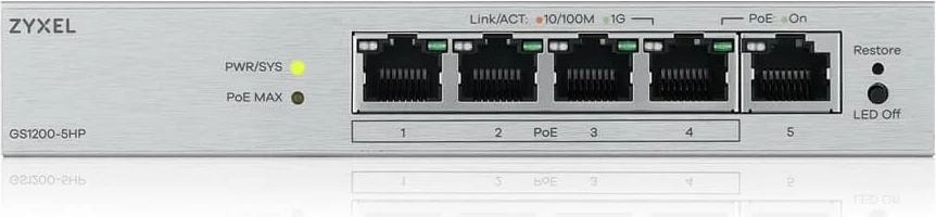 Switch Zyxel GS1200-5HPV3-EU0101F 5xGE L2 i menaxhueshëm, PoE+ (4 porta), 155×85×26 mm, gri