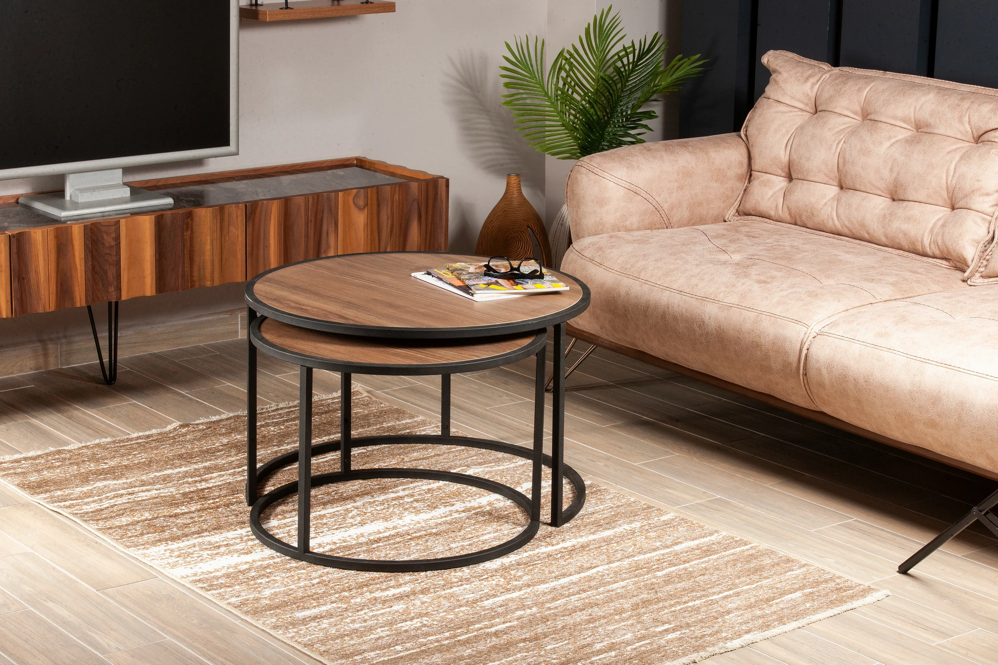 Set tavolinash të vendosshme, Hanah Home, Tambur, ngjyrë arre dhe e zezë, 2 copë