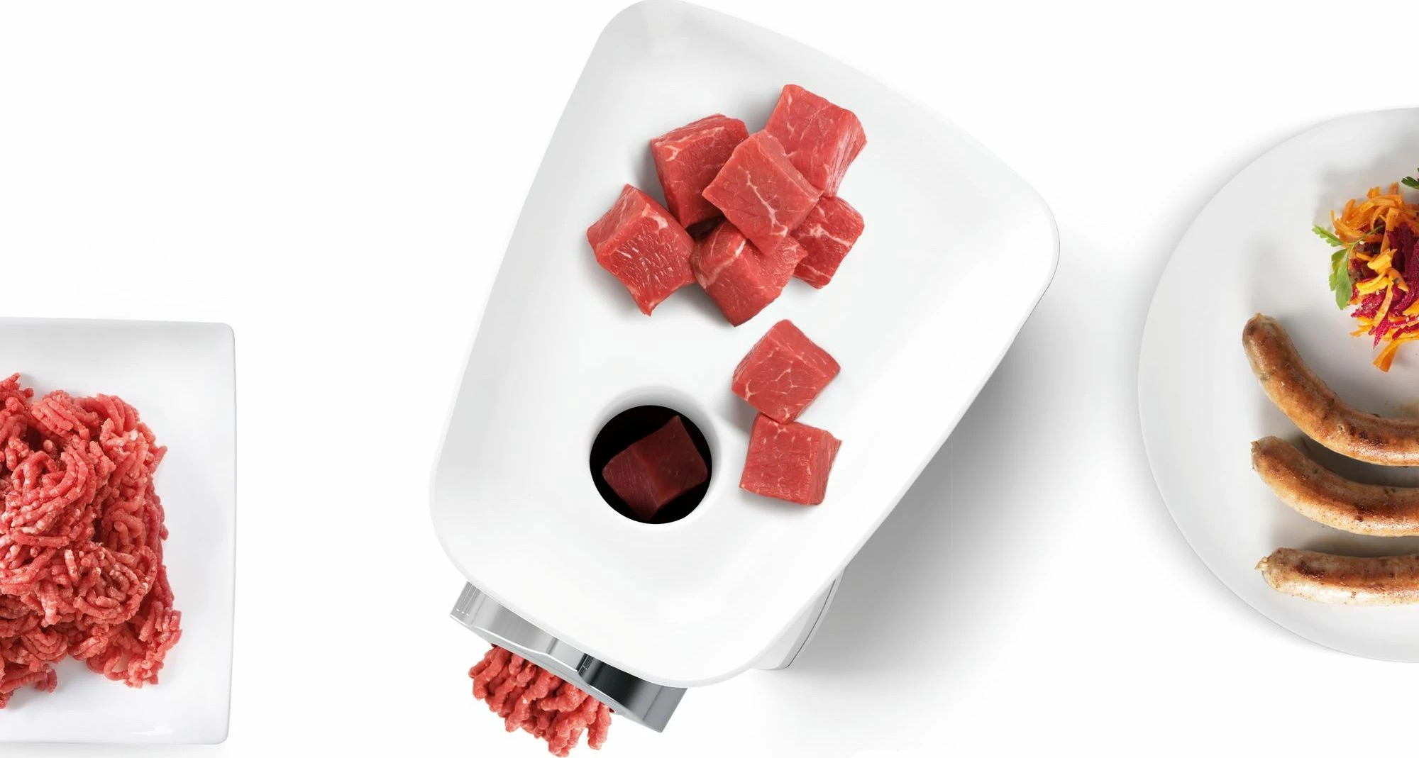 Grirëse mishi Bosch MFW2520W 350 W, 1.7 kg/min, reverse, me shtojcë për suxhuk e kebbe, e bardhë