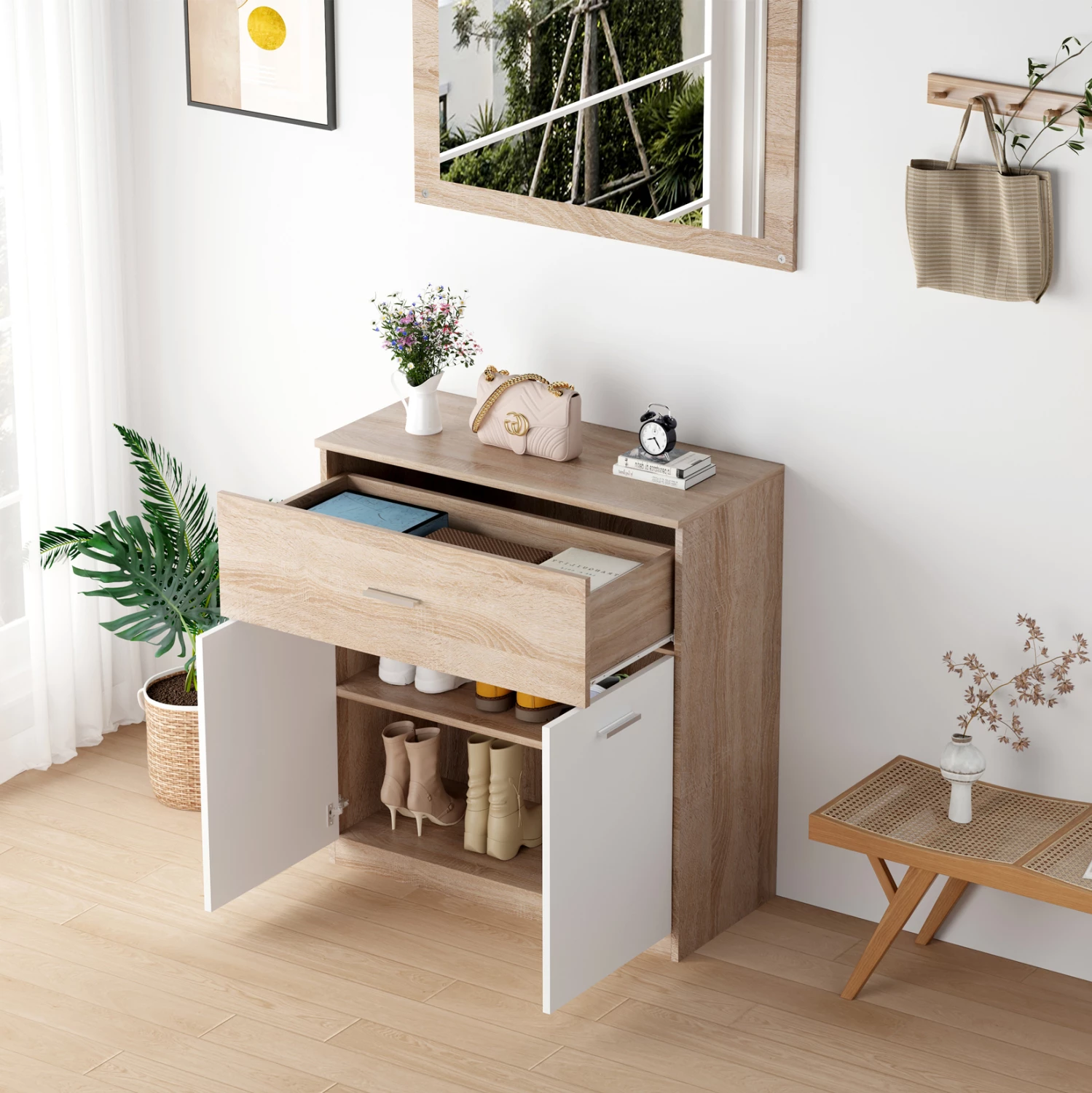 Dollap këpucësh me sirtar, DIONNE, melaminë, ngjyrë Sonama dhe e bardhë, 80x35x84H cm