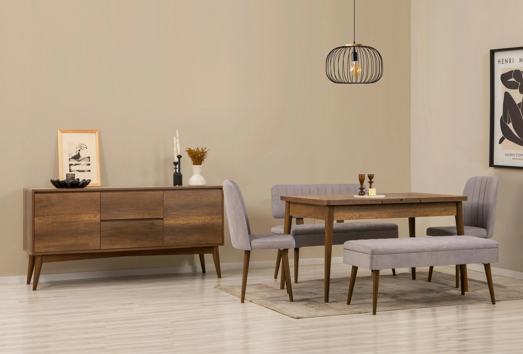 Set tavoline me karrige, konsolë dhe bank, 6 pjesë, Skye Decor, Vina Bench 04 0701, ngjyrë arre, gri