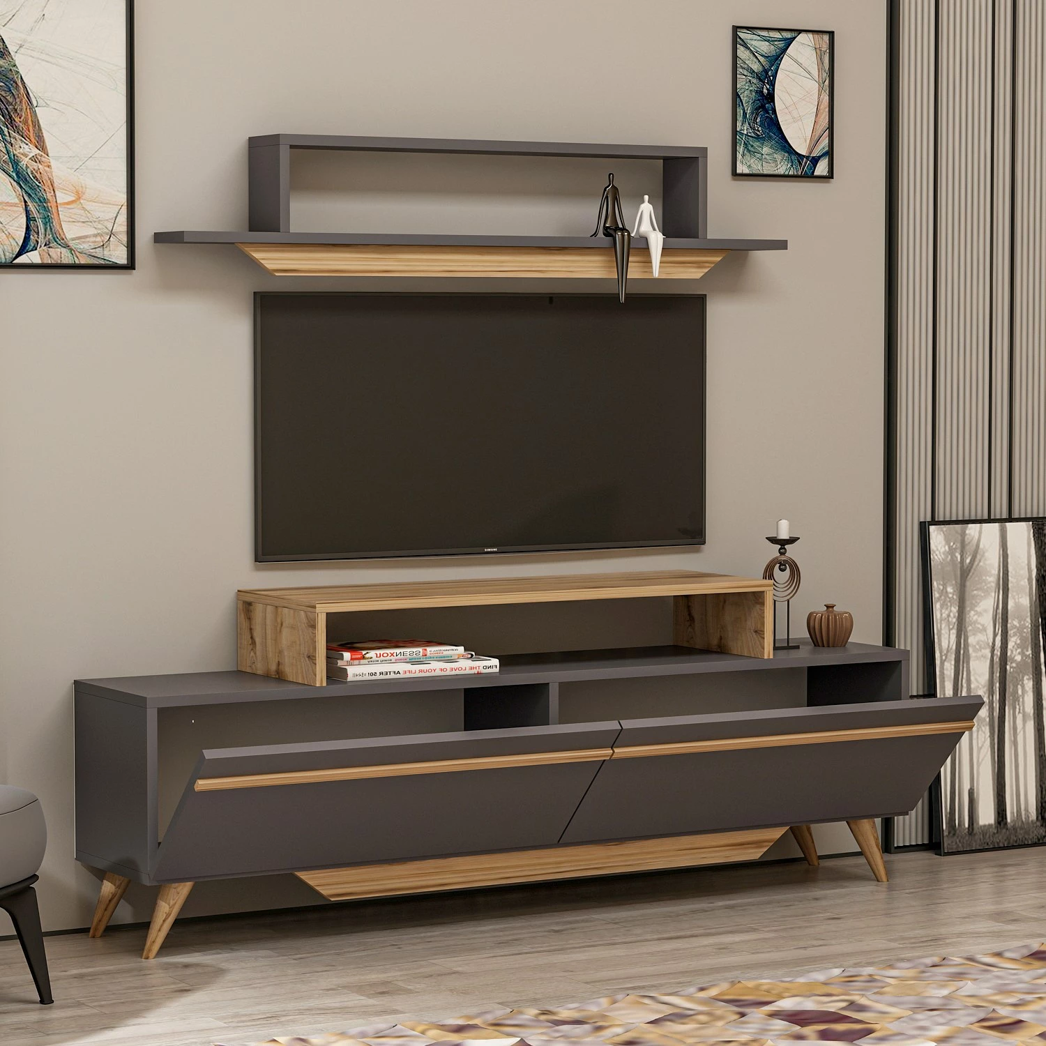 Komodë TV Hanah Home, model Harmony - Ciragan, ngjyrë antracit dhe arre