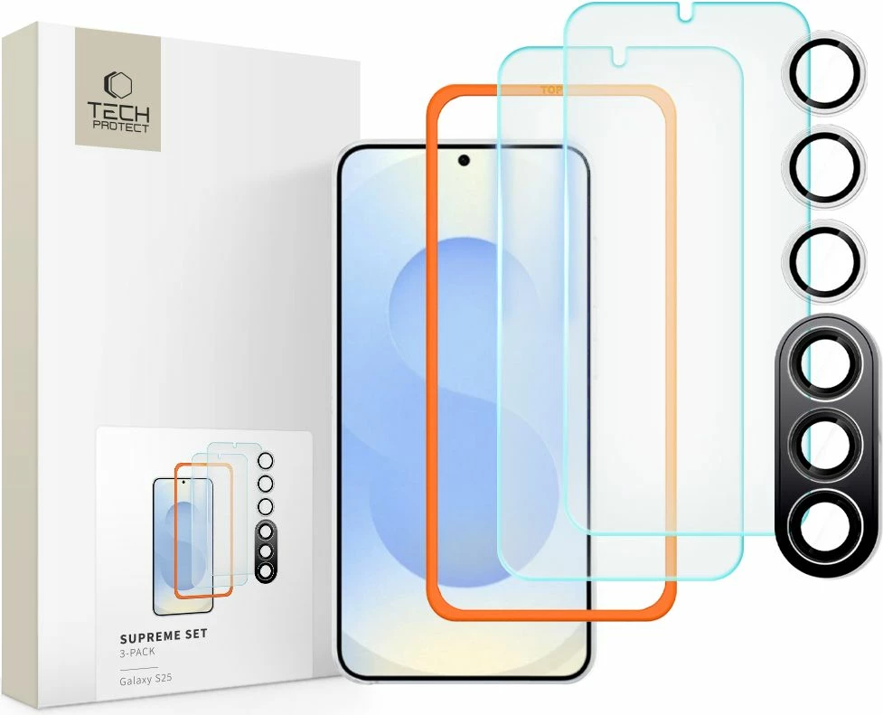 Set mbrojtës Tech-Protect Supreme për Samsung Galaxy S25, 2x xham i temperuar për ekran, xham i temperuar për kamerë, Transparent