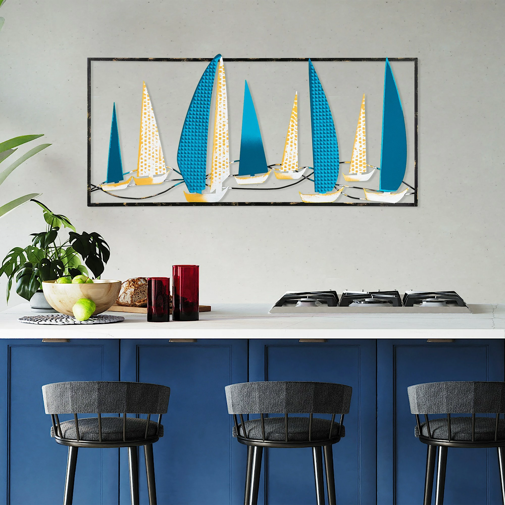 Aksesor dekorativ metalik për mur, Wallity Yelkenli 2, shumëngjyrësh, 40x90cm