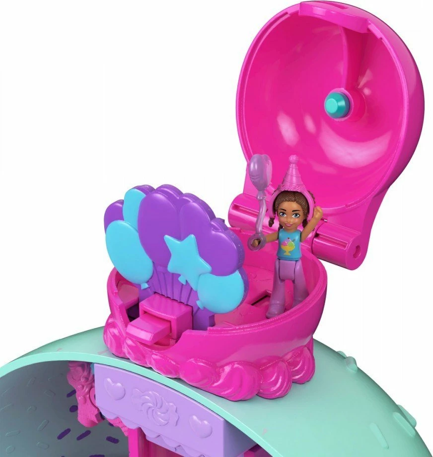 Shtëpizë kukullash Mattel Polly Pocket Ice Cream Cone House JFT91, 4 kate, me pishinë dhe ashensor, shumëngjyrëshe, set me 2 mikro kukulla + 25+ aksesorë