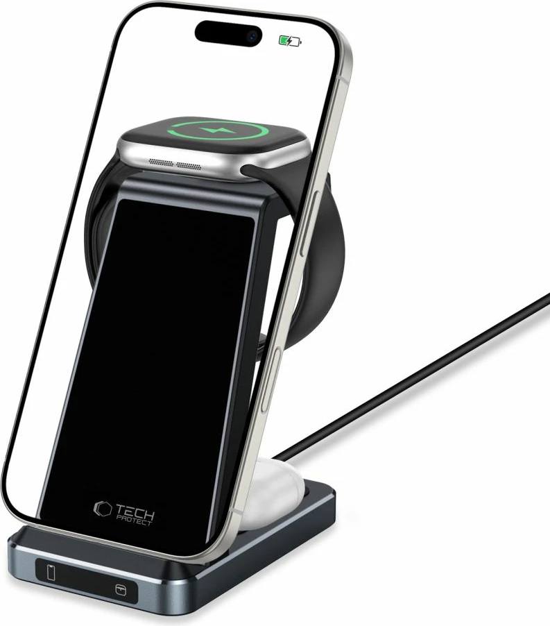 Karikues wireless 3-në-1 Tech-Protect QI15W-A26, 15W, për celular, smartwatch dhe kufje, i zi