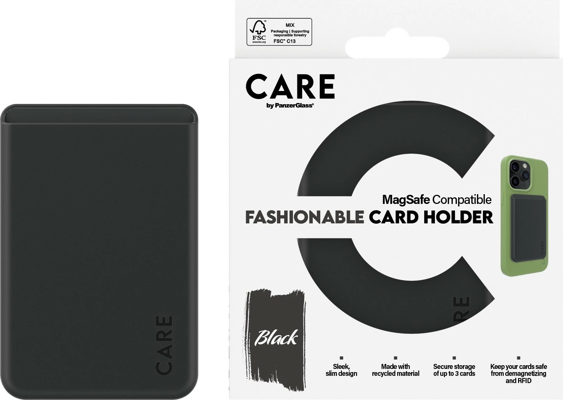 Mbështjellës kartash PanzerGlass CARE për iPhone, silikon, i zi