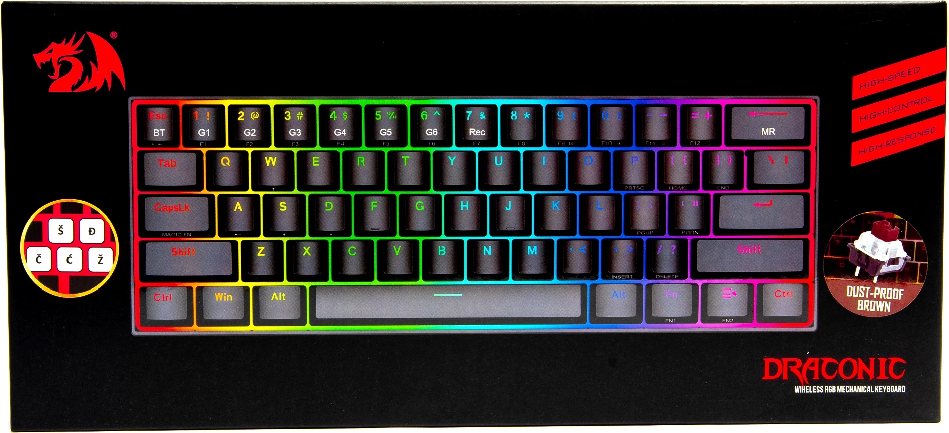 Tastierë mekanike Redragon Draconic K530, 60% 61 taste, RGB, Bluetooth 5.0, Brown switches, SLO/CRO layout, e zezë