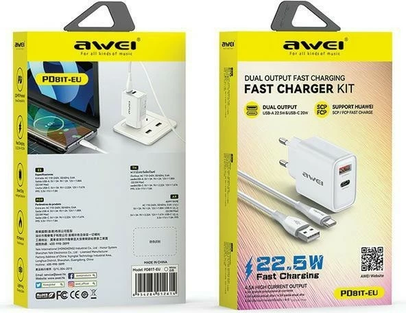 Karikues muri AWEI GaN PD81T me kabllo USB/USB-C, 22.5W, Bardhë