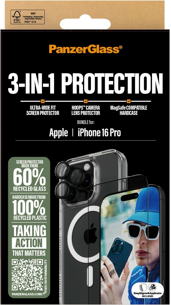 Mbështjellës PanzerGlass 3-in-1 për iPhone 16 Pro, transparent