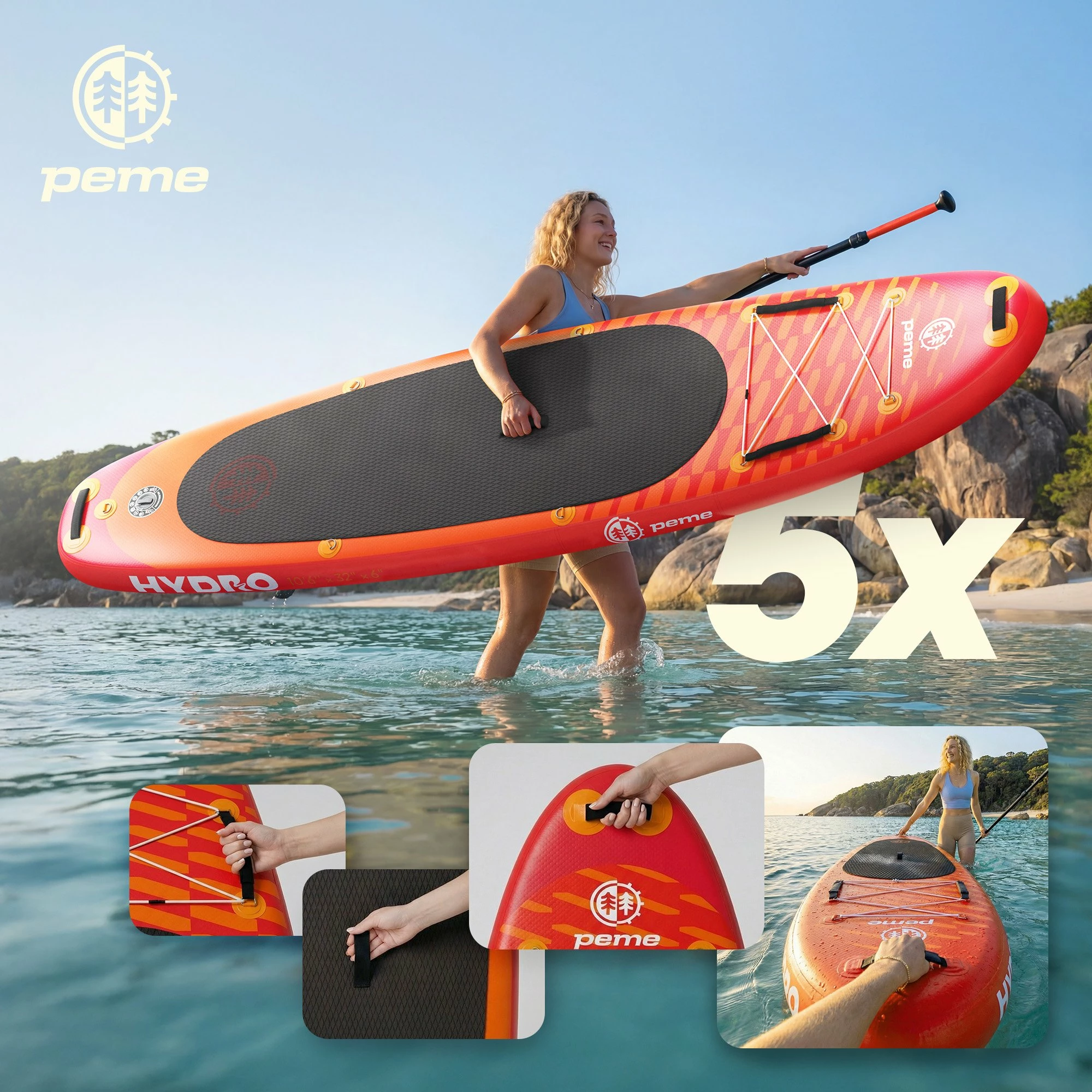 Dërrasë SUP inflatuese Peme Hydro 350 350x81x15 cm, deri 166 kg, 18 PSI, portokalli/kuqe (Sunset Orange), set me lopatë 2-në-1 + pompë + çantë shpine