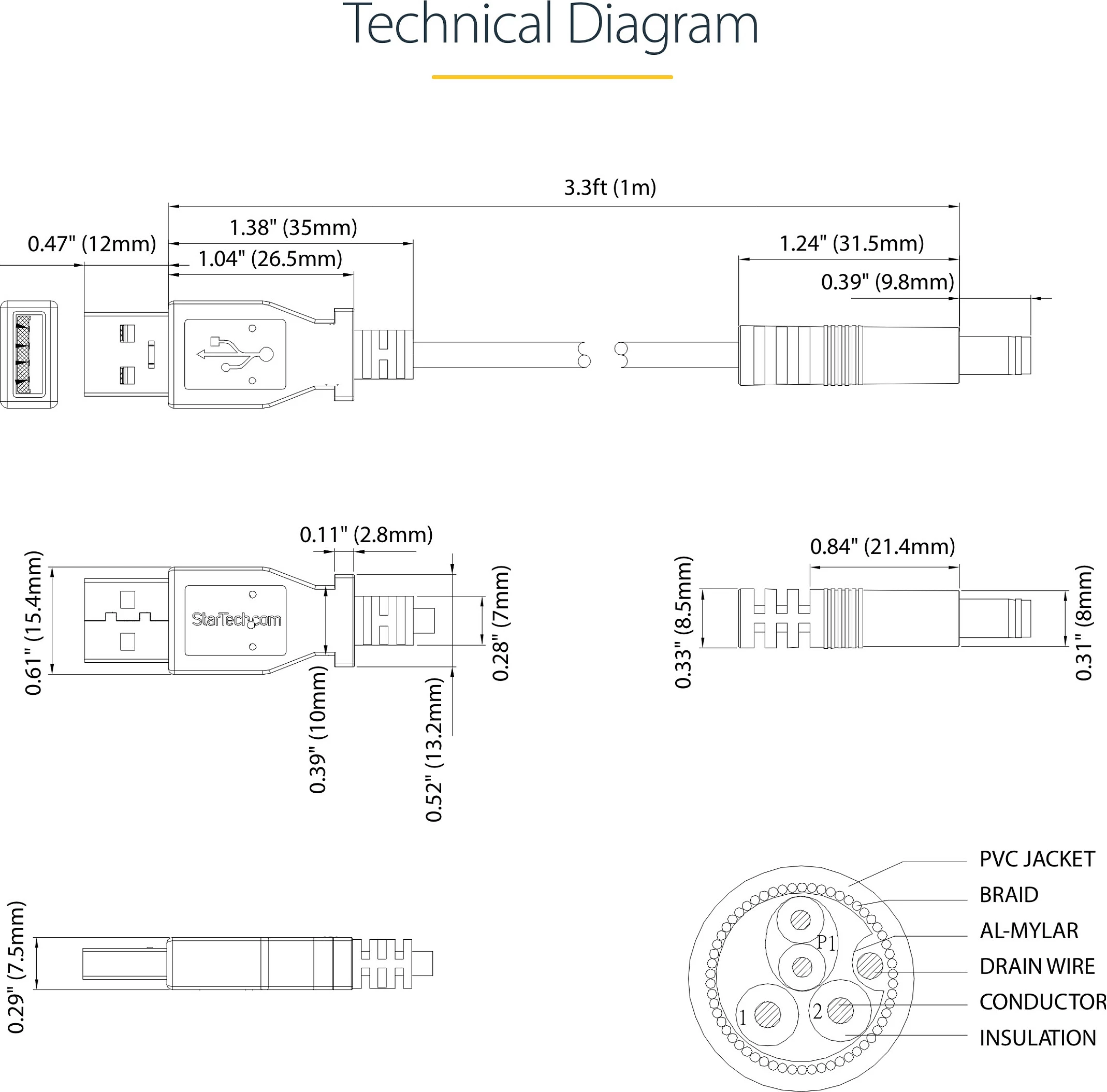Kabllo energjie USB StarTech, USB-A në 5.5mm DC Barrel Type N, 1m, e zezë