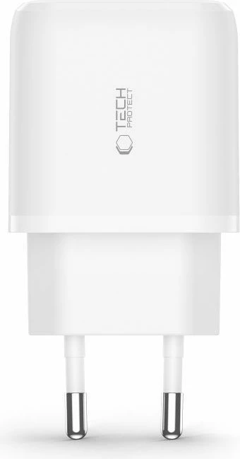 Karikues muri Tech-Protect C20W me USB-C PD 20W / USB-A QC 3.0 dhe kabllo USB-C në Lightning, Bardhë