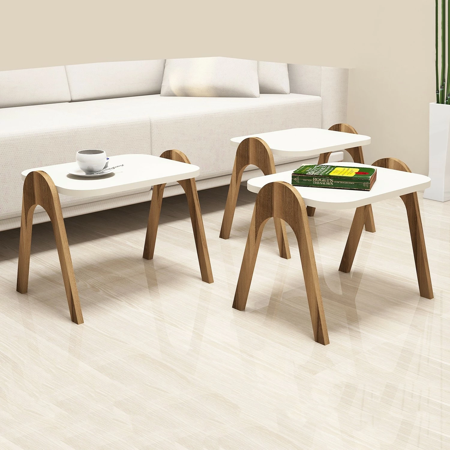 Set tavolinash të vendosshme (3 copë), Hanah Home Paris, ngjyrë arre dhe krem