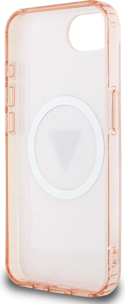 Mbështjellës Guess IML Metal Glitter 4G Circle Triangle MagSafe për iPhone 16e, Rozë