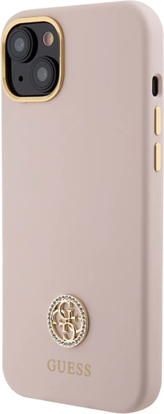Mbështjellës Guess Silicone Logo Strass 4G për iPhone 15, Rozë e çelët