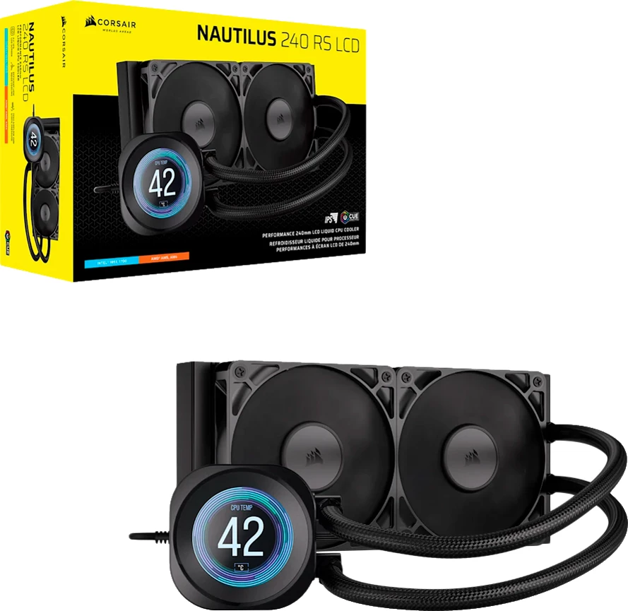 Ftohës i lëngshëm për CPU CORSAIR Nautilus 240 LCD, radiator 240mm, ekran LCD, 72.8 CFM, 420–2100 RPM, i zi