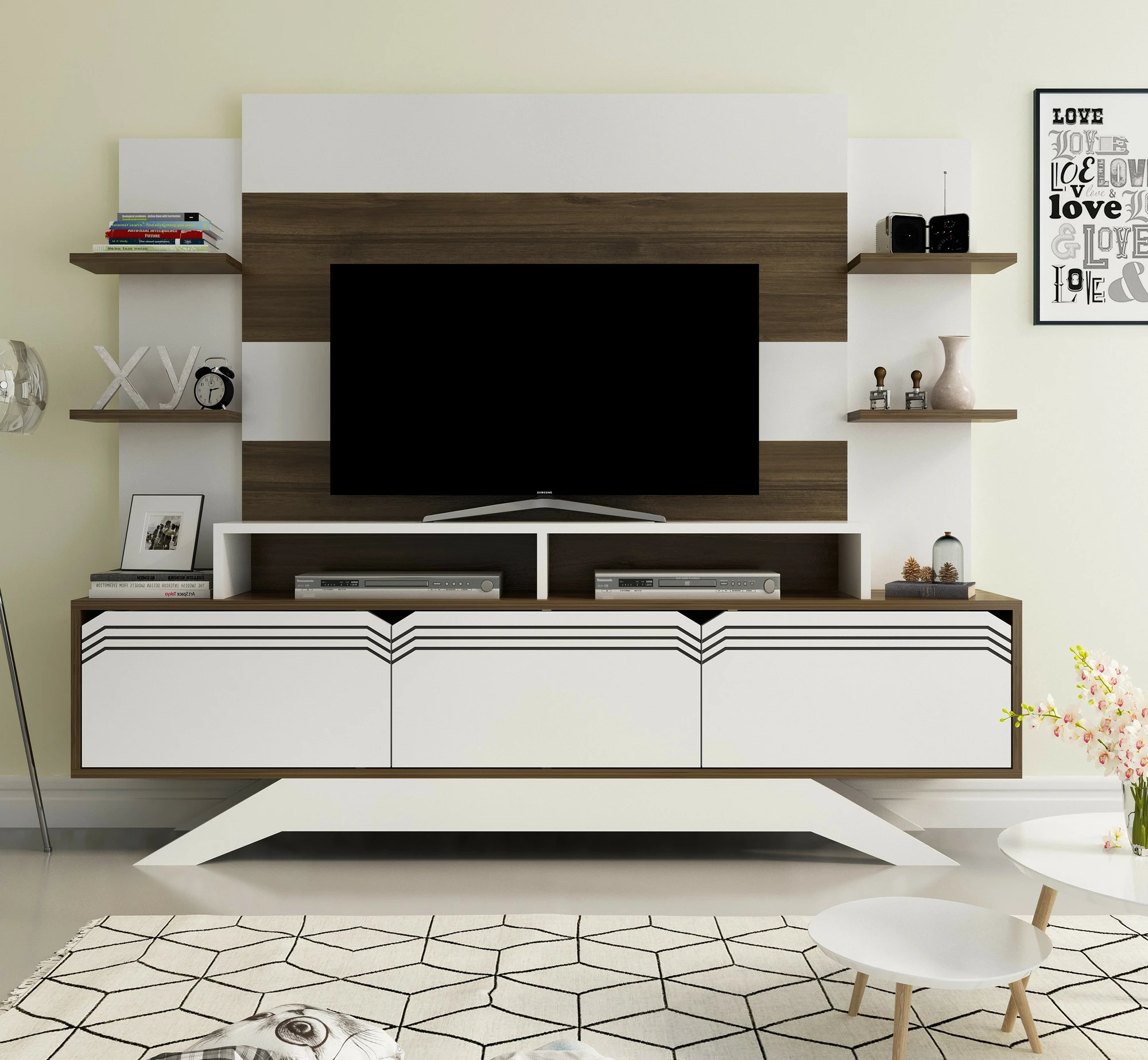 Komodë TV Hanah Home, Delpi, ngjyrë arre dhe e bardhë