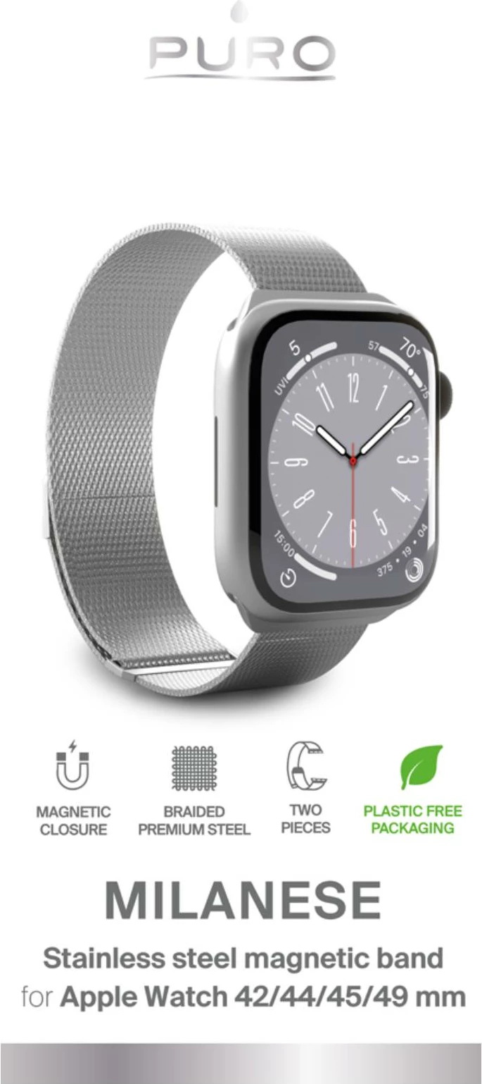 Rrip çeliku inox Puro Milanese për Apple Watch 42/44/45/49mm, Argjend