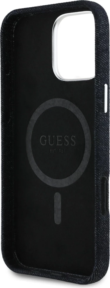 Mbështjellës Guess Denim Triangle Logo MagSafe për iPhone 16 Pro, i zi