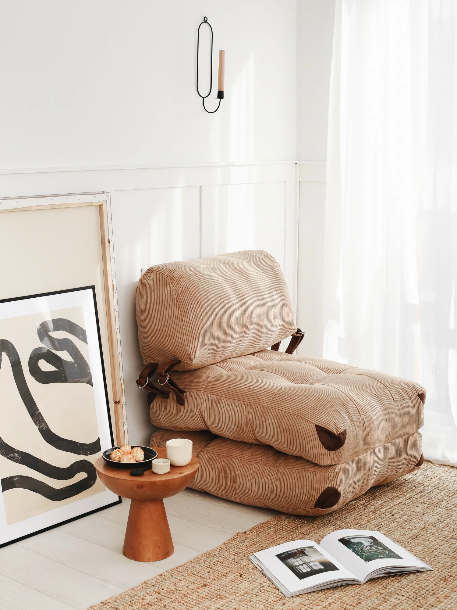 Krevati-karrige një vendësh, kadife Fold, ngjyrë deve, Atelier del Sofa