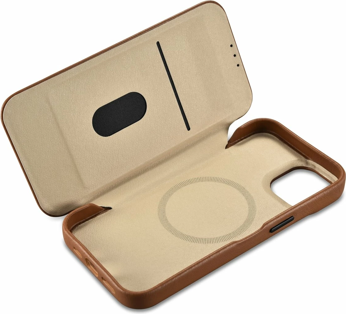 Mbështjellës lëkure iCarer CE Premium Folio për iPhone 14, MagSafe, kafe