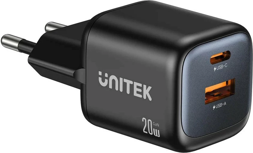 Karikues rrjeti Unitek GaN 20W, USB-C PD 3.0 + USB-A, i zi