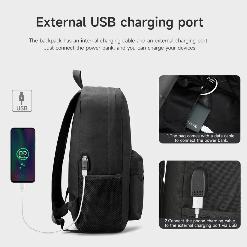 Çantë shpine për laptop Tigernu Corvus 14", USB për karikim, 29 x 14 x 43 cm, e zezë